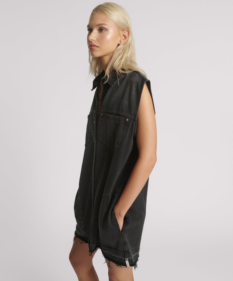 Sleeveless Mini Denim Shirt Dress - Faded Black 5