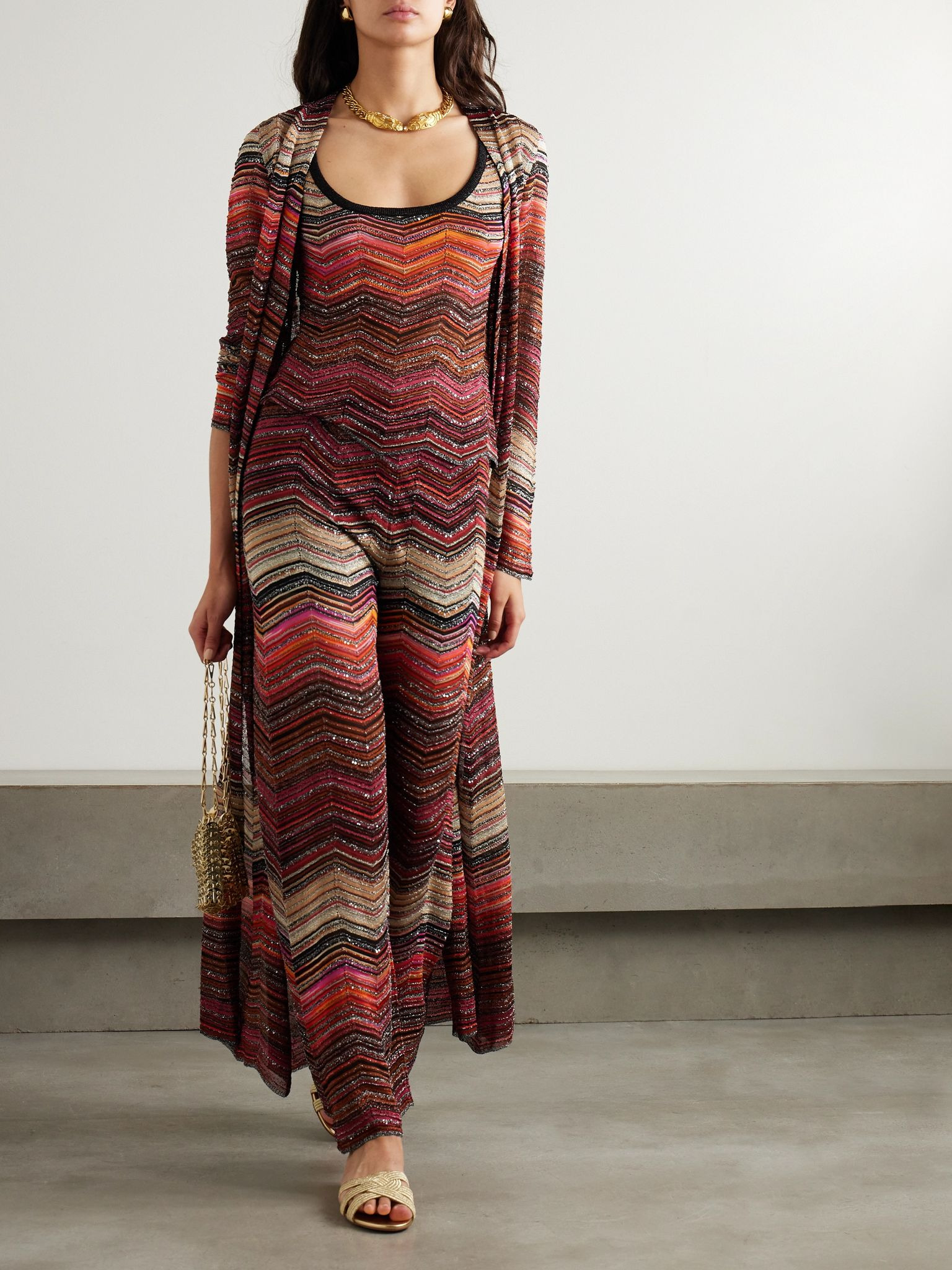 Mare sequined striped metallic crochet-knit tank Burgundy - 2