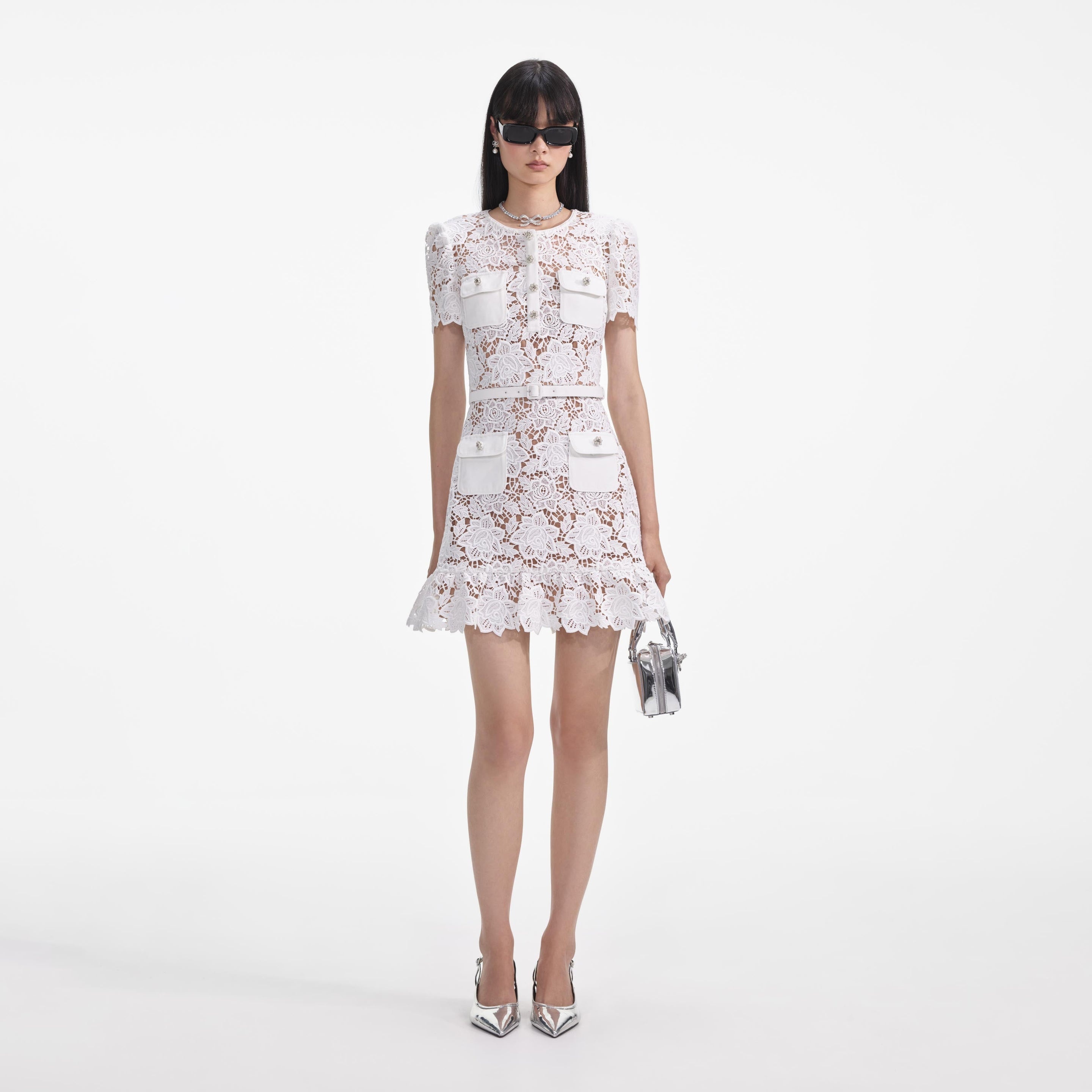 SELF PORTRAIT レスティアトミニトレス SS25113S WHITE White lace tiered mini dress Self-portrait - women - SELF