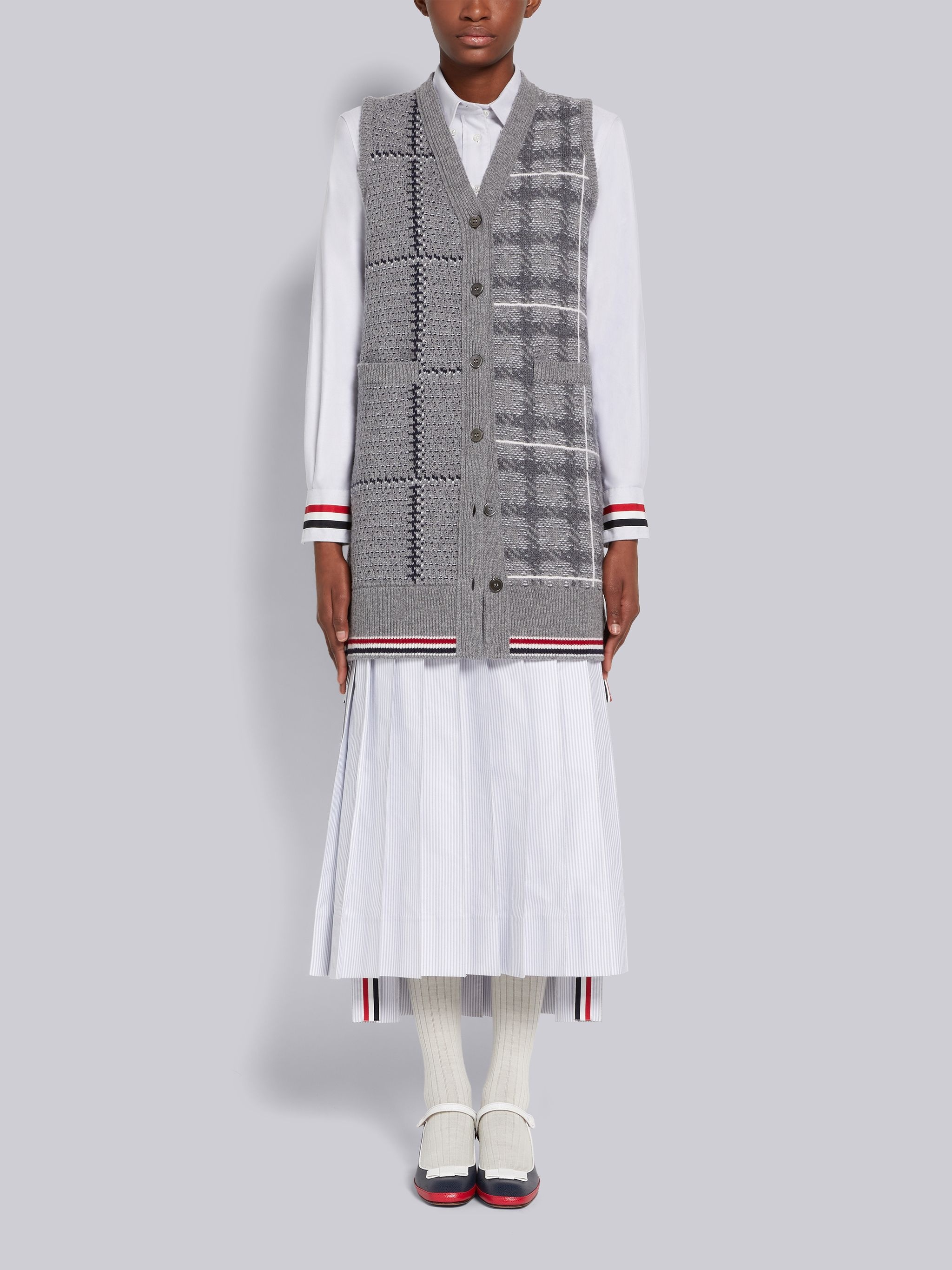 Fun-Mix Windowpane and Gunclub Check Fine Merino Wool Jacquard Cardigan Vest Dress - 4