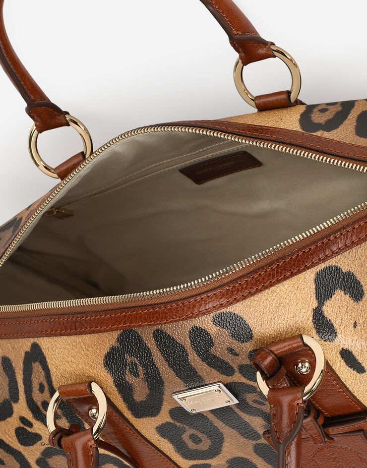 Medium travel bag in leopard-print Crespo with branded plate in