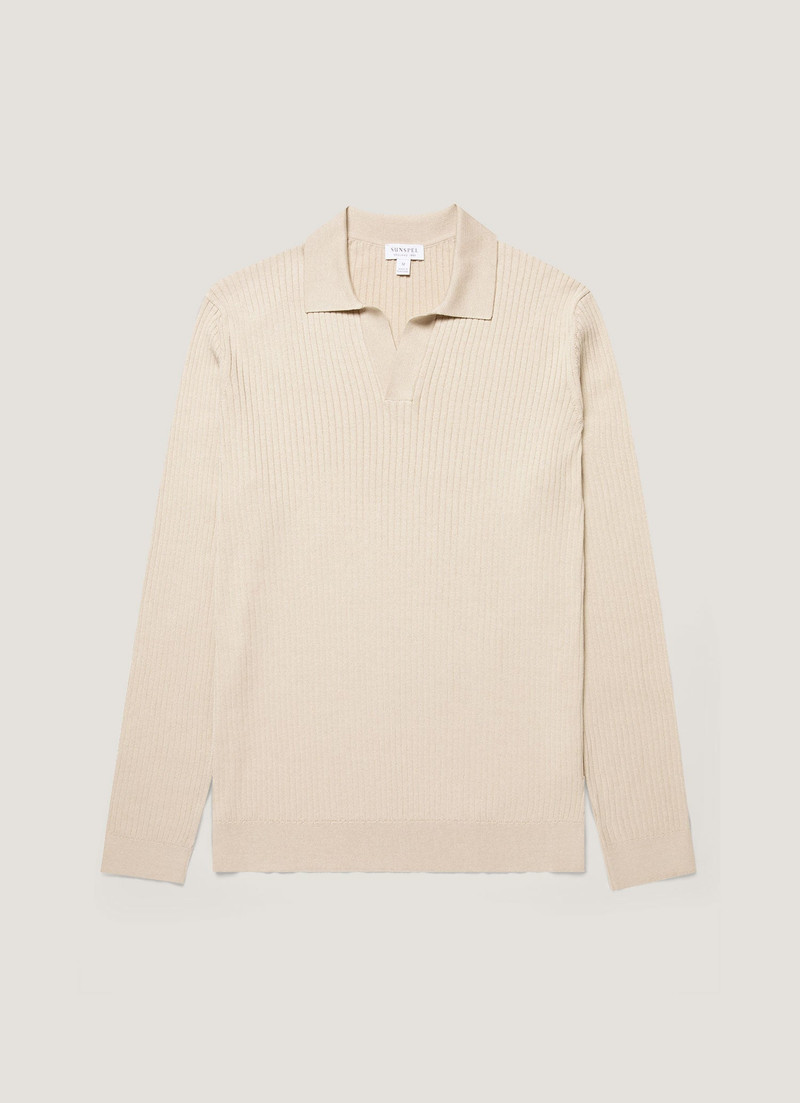 Long Sleeve Fine Rib Silk Cotton Polo Shirt 1