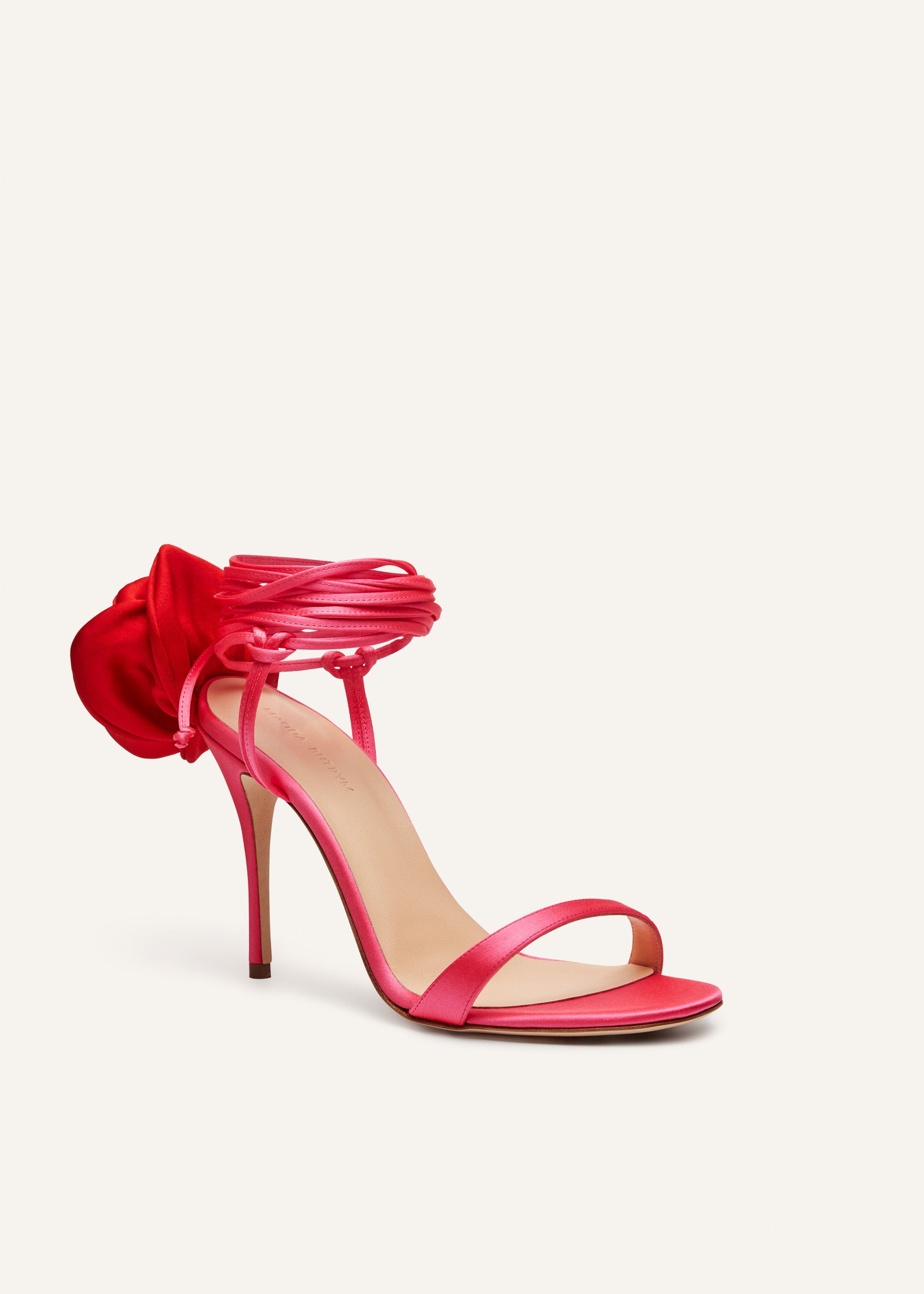 Double red flower heel sandals in fuchsia satin - 4
