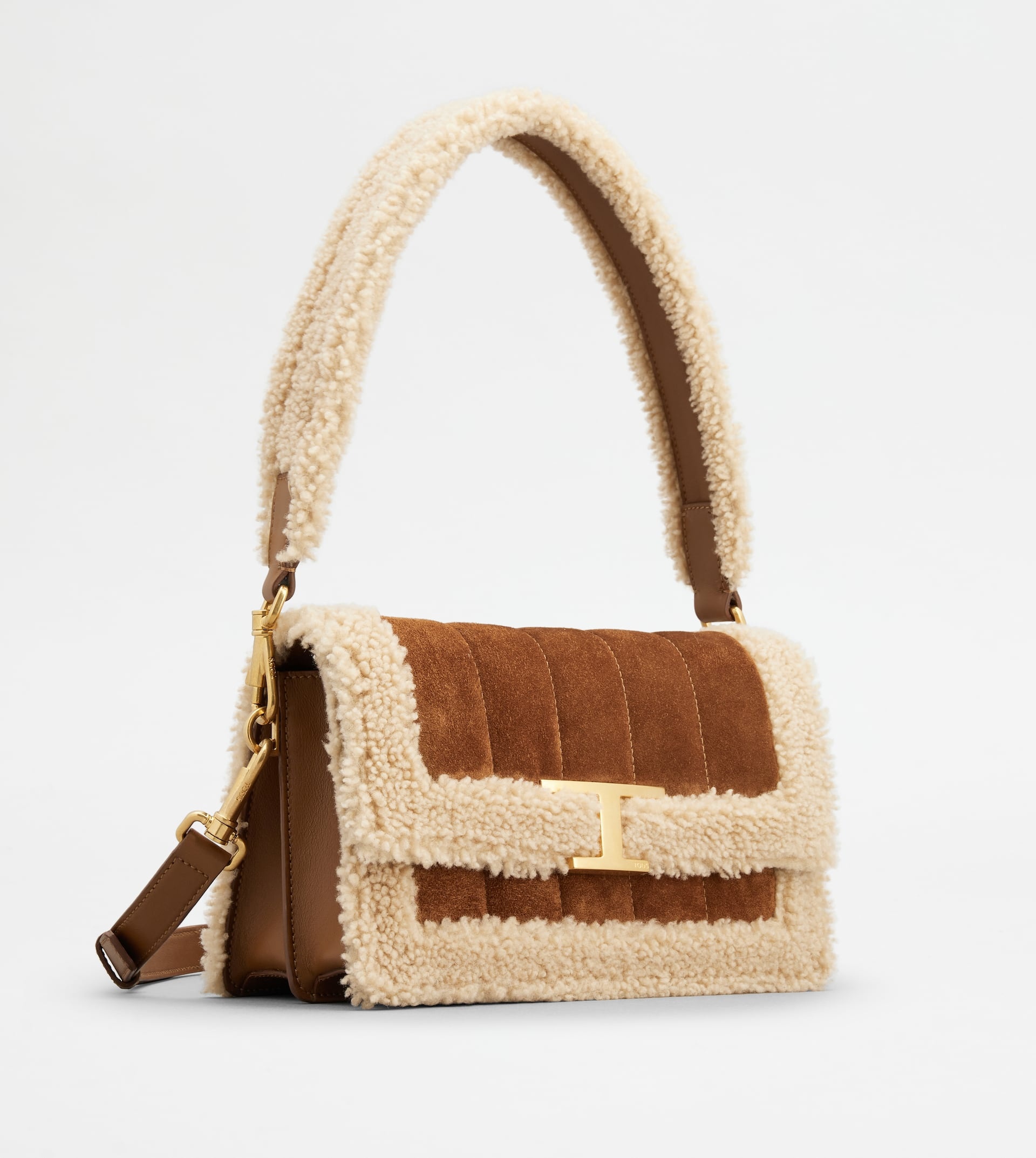 T TIMELESS SHOULDER BAG IN SUEDE SHEEPSKIN MINI - BROWN, OFF WHITE - 3