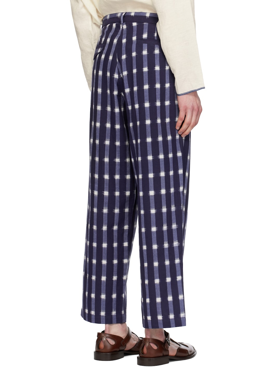 Navy Ikat Wide Leg Pleated Trousers - 3