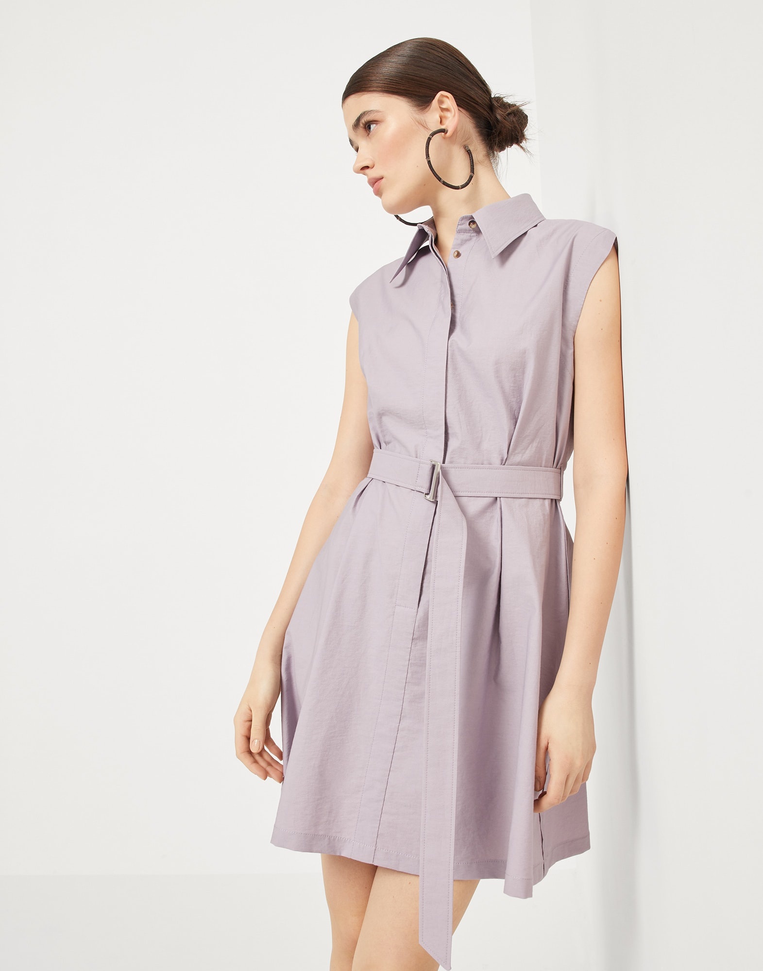 Techno cotton texture twill belted mini shirt dress with monili - 4