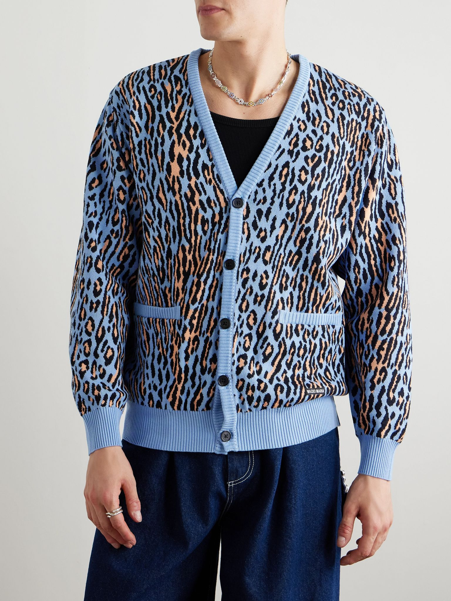 Leopard Cotton-Jacquard Cardigan Blue - 3