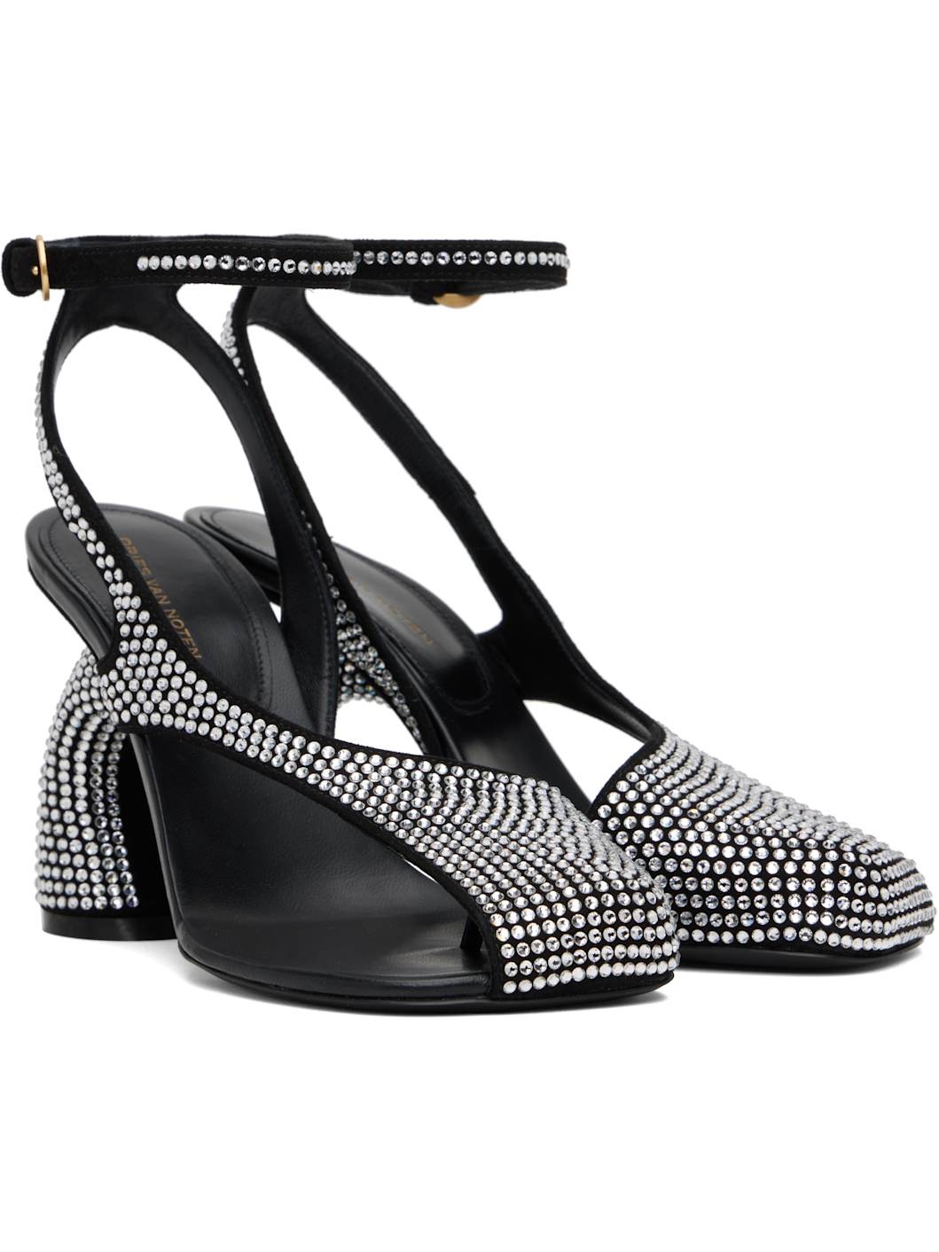 Black Embellished Leather Heeled Sandals - 4