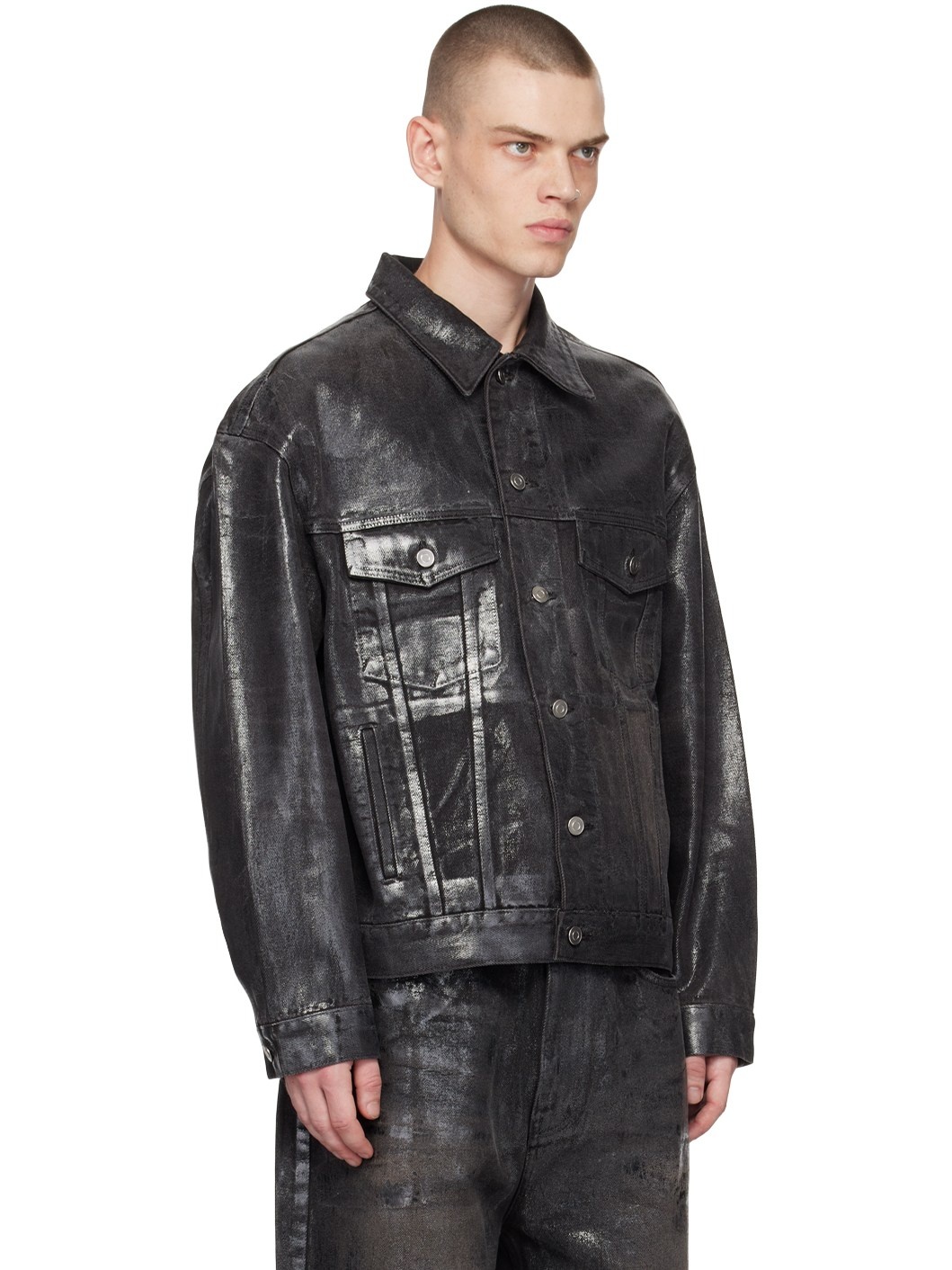 Black Foil Coated Trucker Denim Jacket - 2