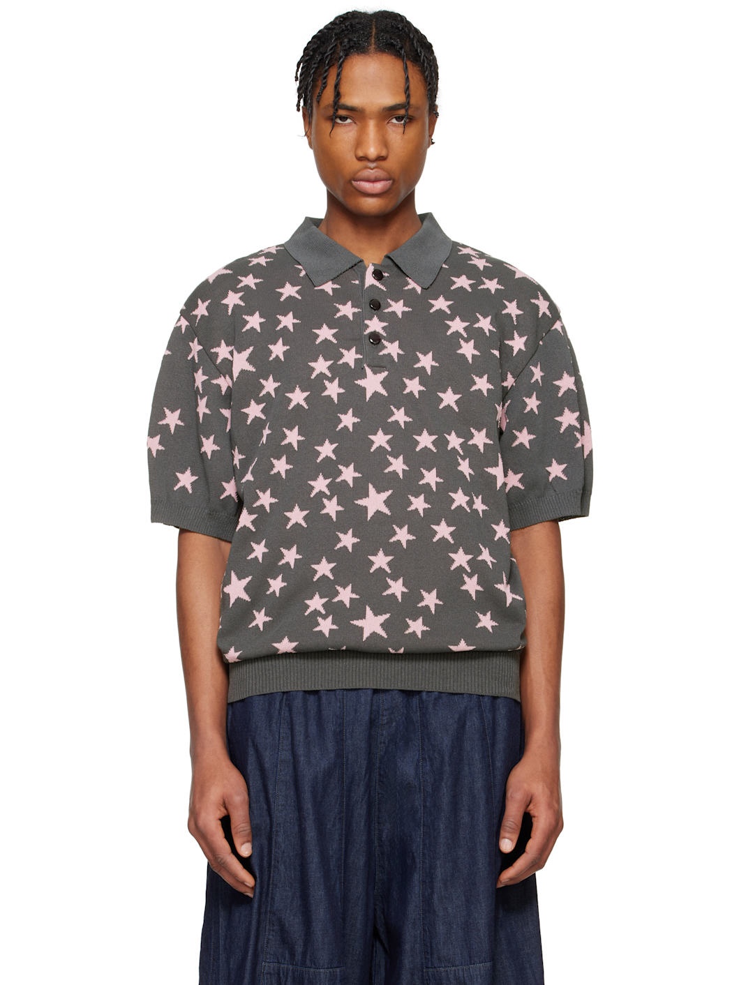 Gray Short Sleeve Knit Polo - 1