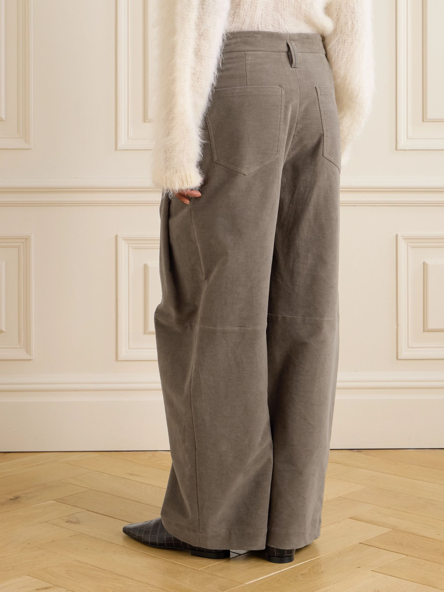 Pleated brushed cotton-blend wide-leg pants Brown - 4