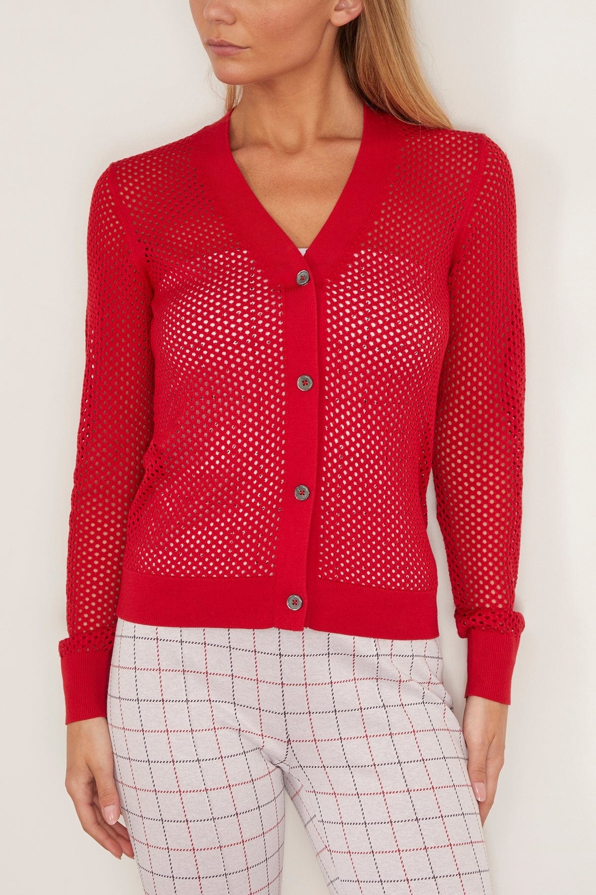 Mesh Pointelle Cardigan in Red - 3