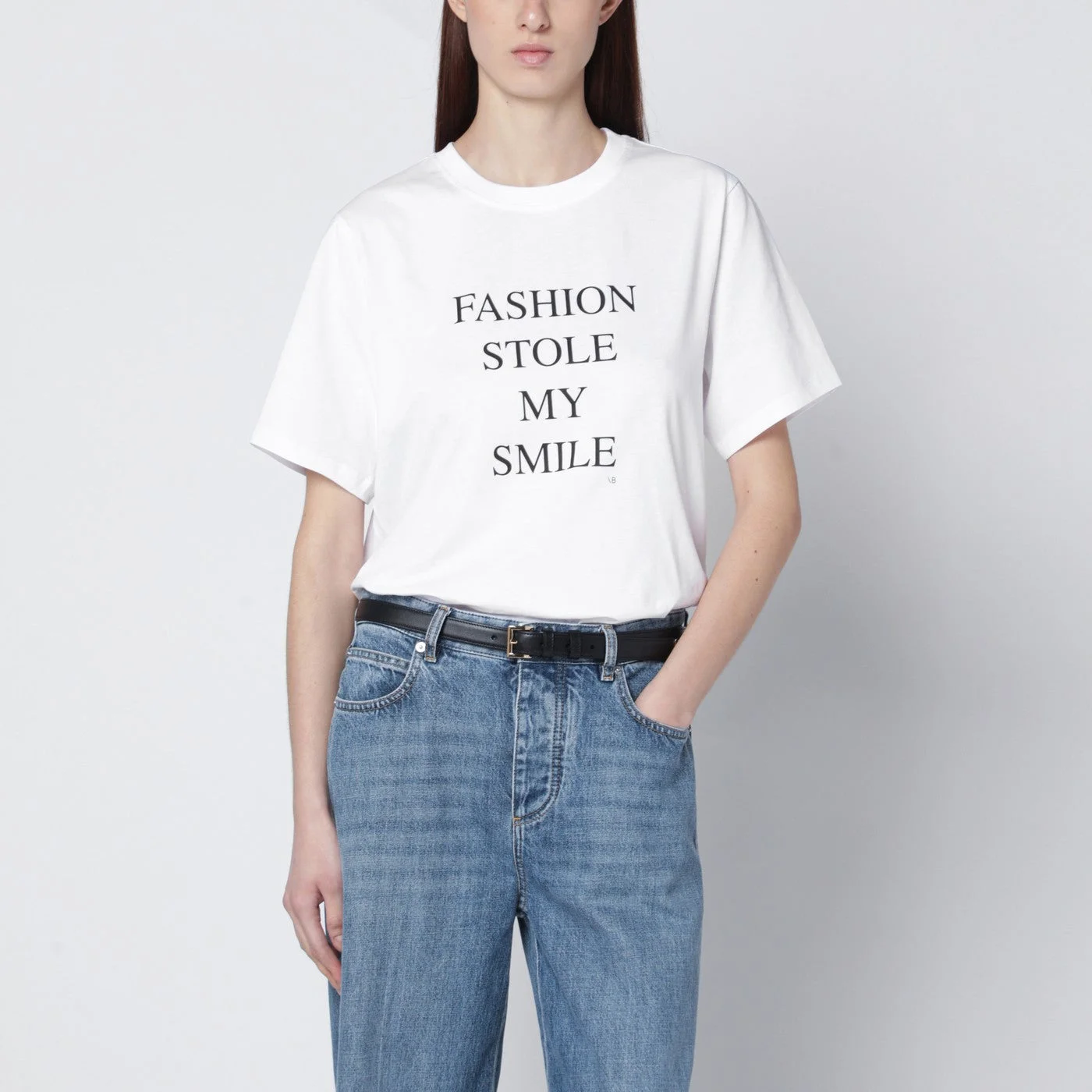 "Fashion stole my smile" white cotton T-shirt - 1