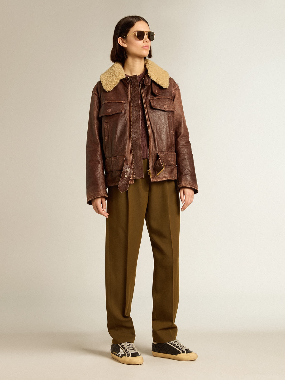 Wood-colored jacket with detachable shearling collar - 3