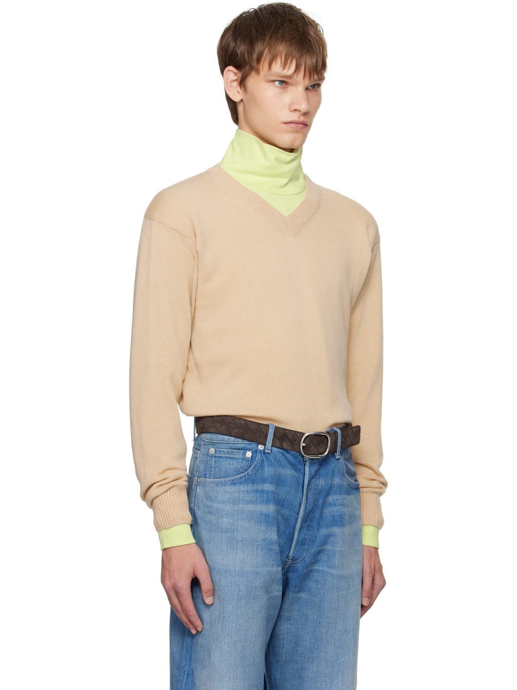 Beige Light Cashmere Knit V-Neck Sweater - 2