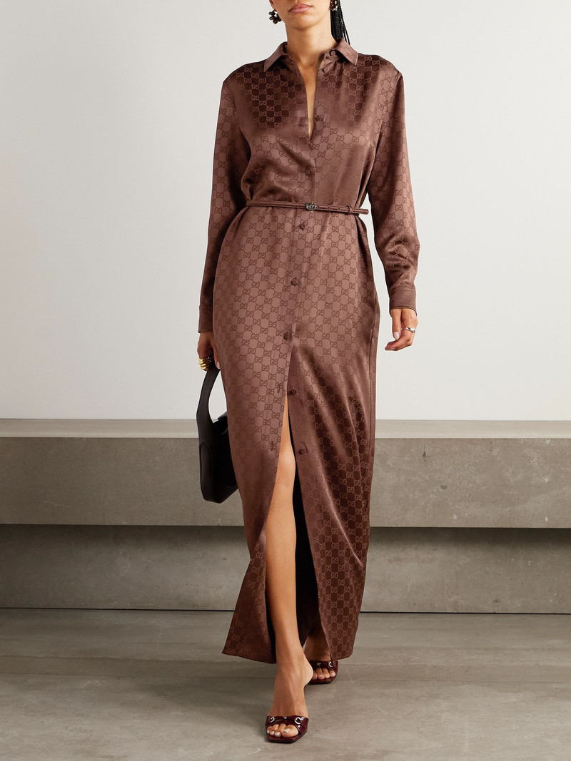 GUCCI Belted satin-jacquard maxi shirt dress Brown outlook