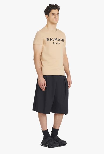 Nude eco-designed cotton T-shirt with black Balmain Paris logo print - 7