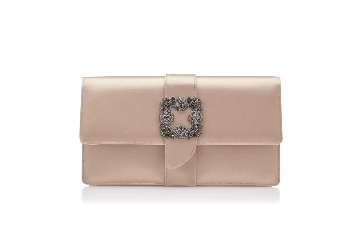 Beige Satin Jewel Buckle Clutch - 1