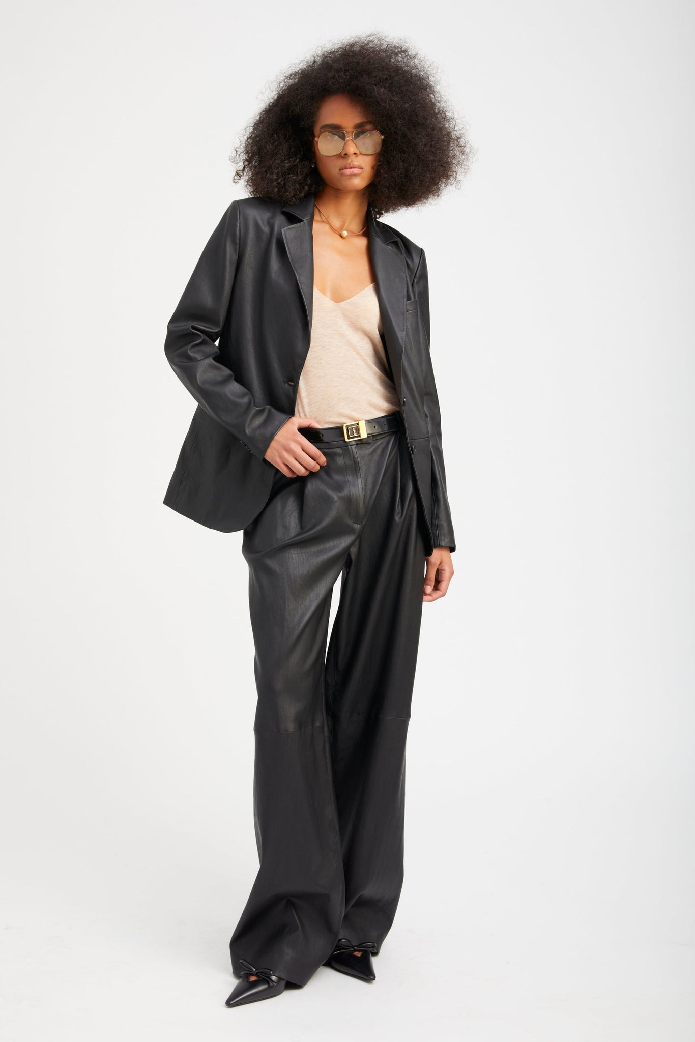 BLACK LEATHER PALOMA PLEATED TROUSERS - 4