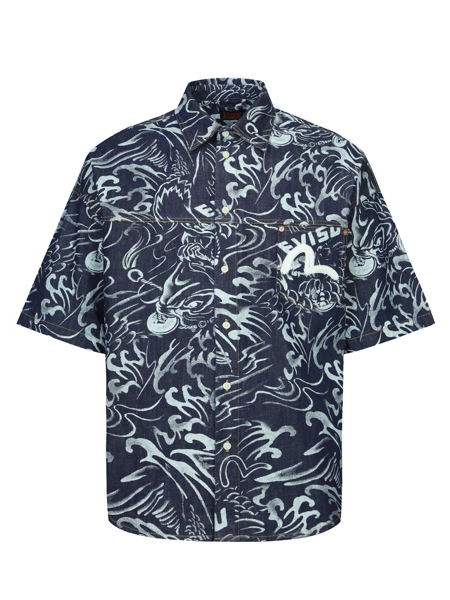 ALLOVER SEAGULL AND CARP EXTRACTED PRINT LOOSE FIT DENIM SHIRT - 11