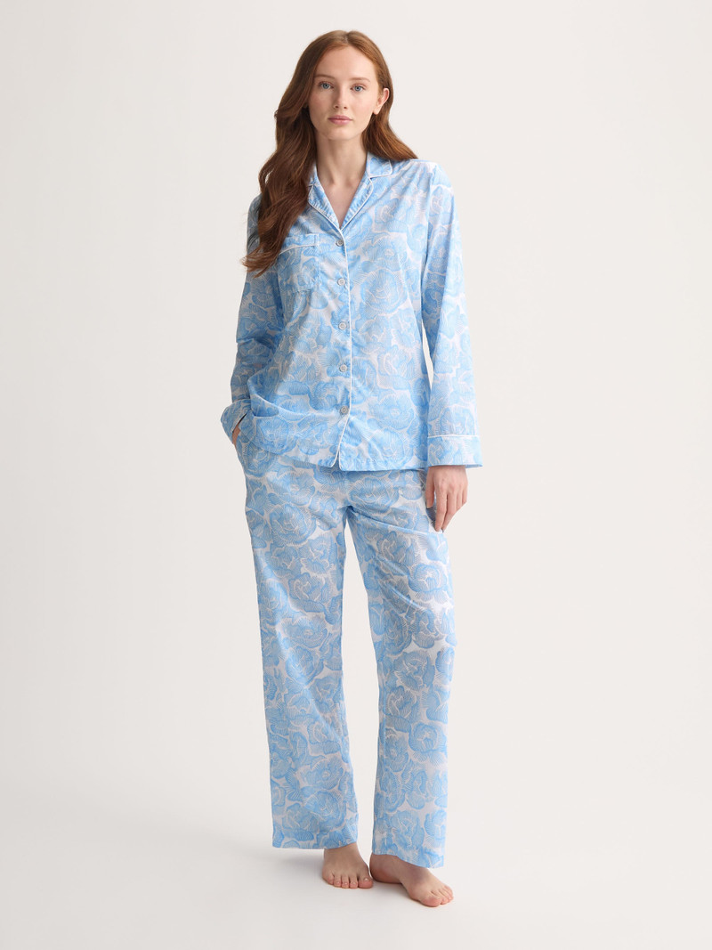 Derek Rose Women's Pajamas Cotton Batiste Light Blue & White Rose Print outlook