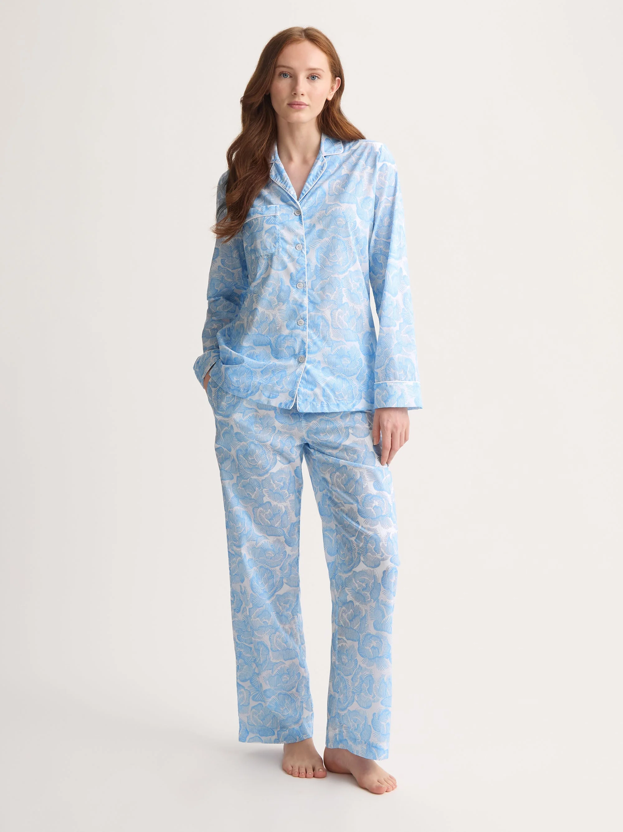 Ledbury Cotton Batiste Pajamas Light Blue & White Rose - 1