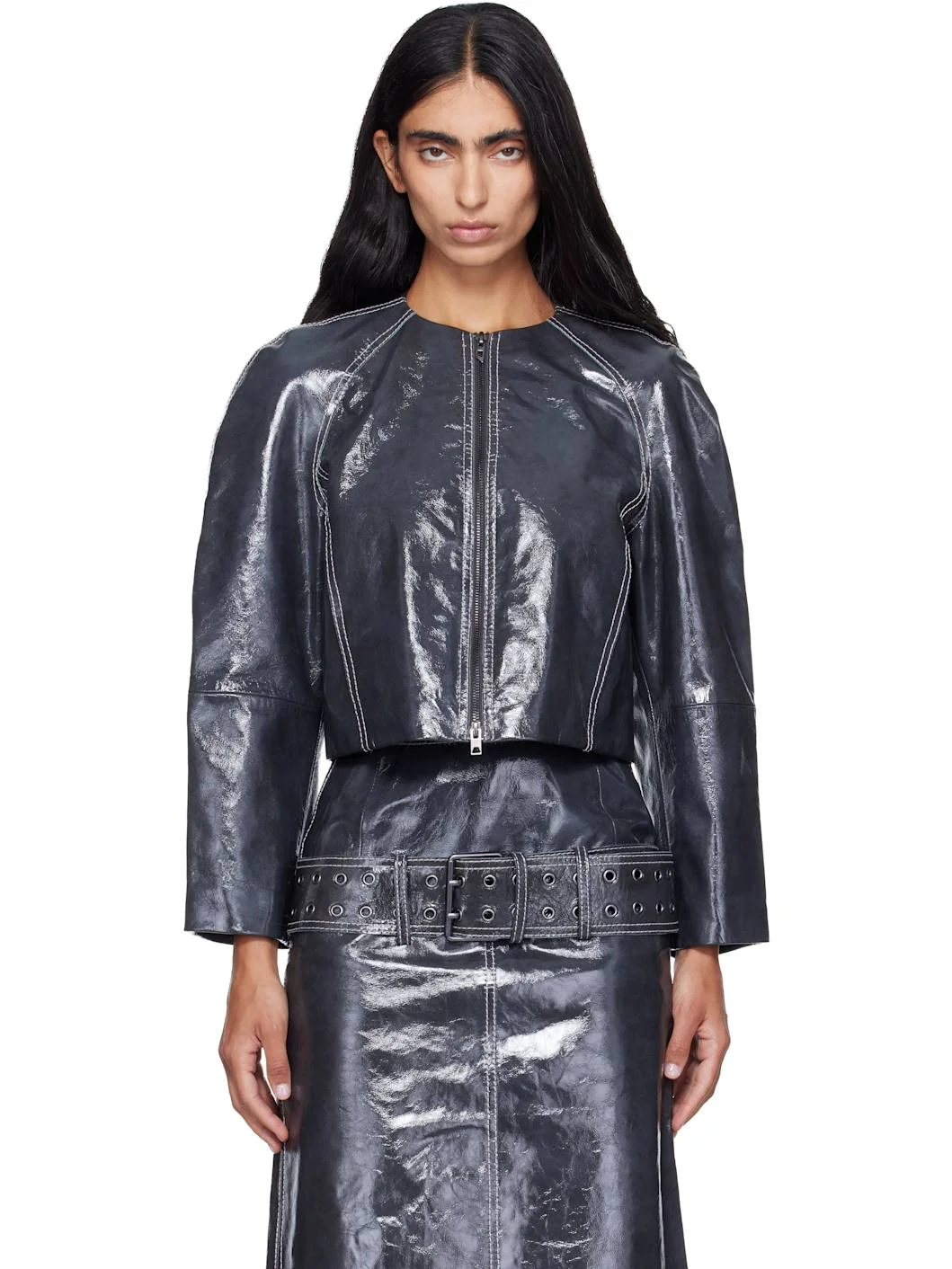 Gray Patent-Leather Cocoon Sleeve Jacket - 1