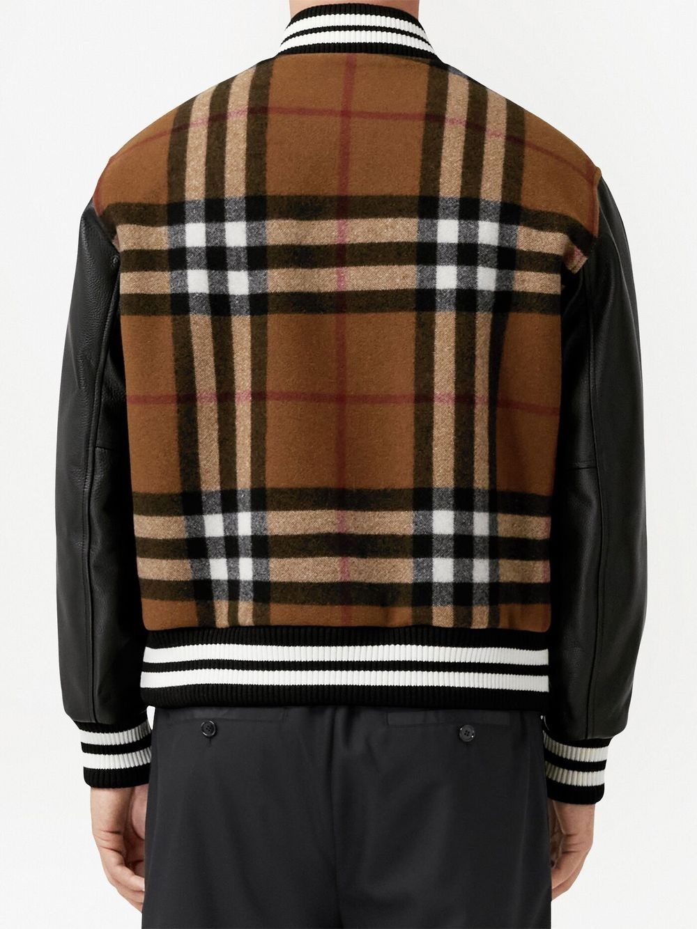 checked leather-sleeve bomber jacket - 4