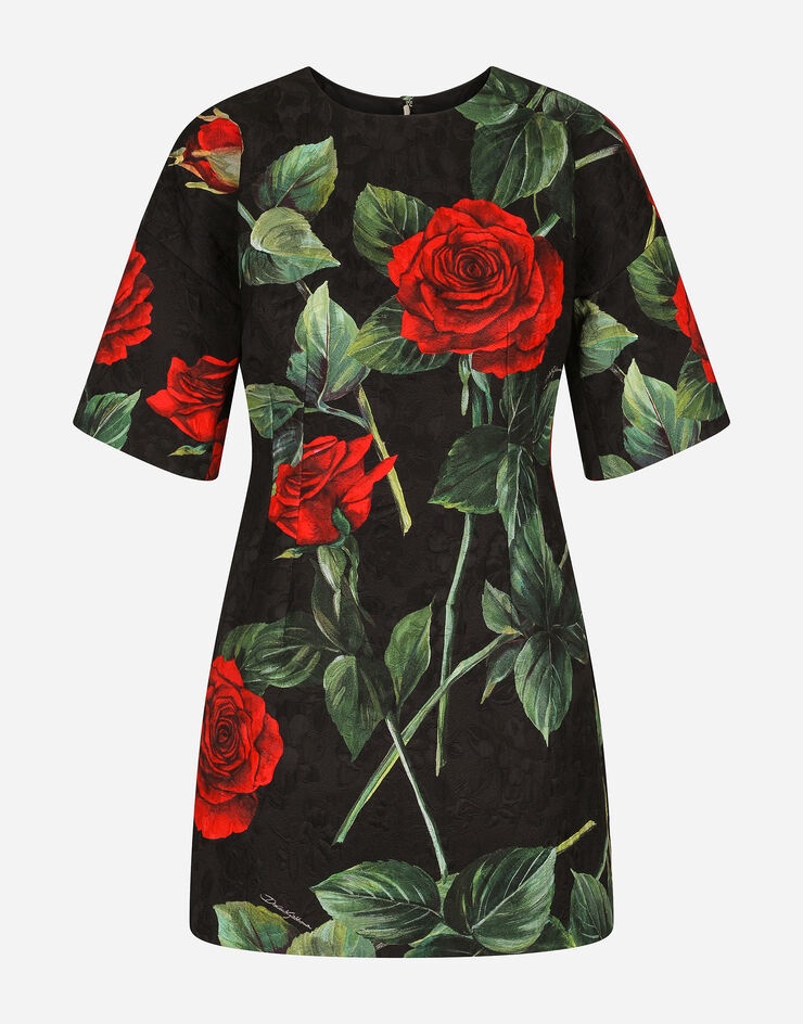 Short brocade dress with red rose print - 3