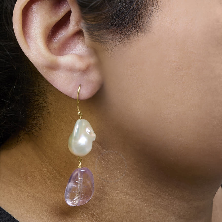 Haus Of Brilliance - Haus of Brilliance 14K Yellow Gold Amethyst and Baroque Pearl Drop and Dangle Earrings 2" Inch Dangl - 5