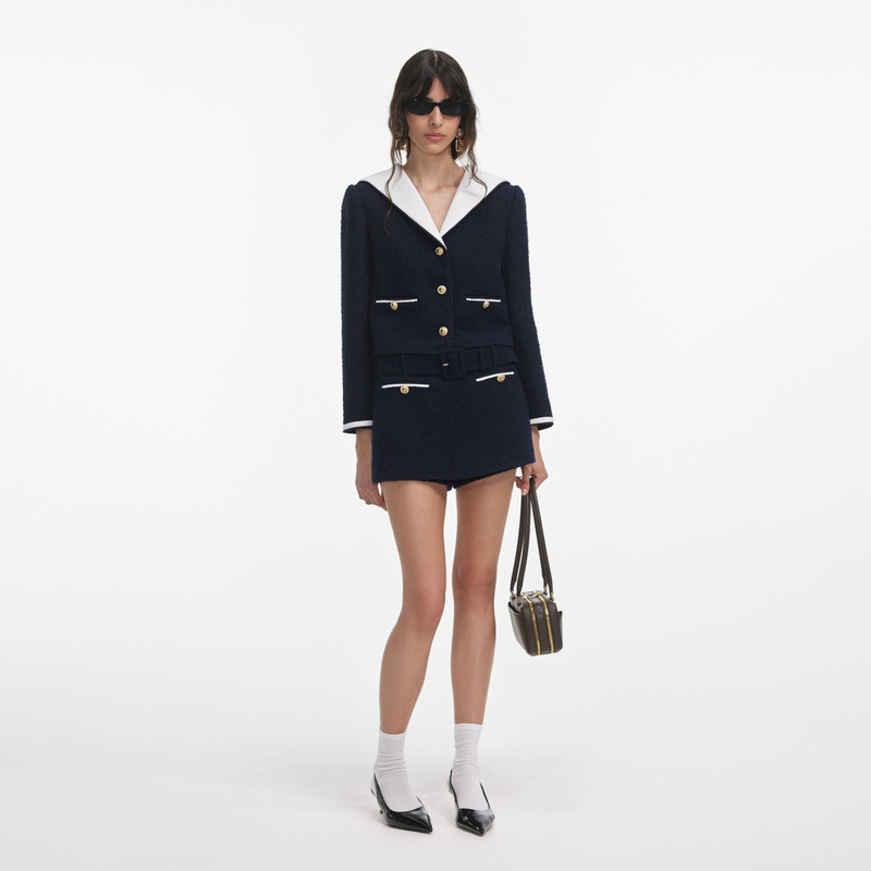 Navy Boucle Contrast Collar Jacket - 1