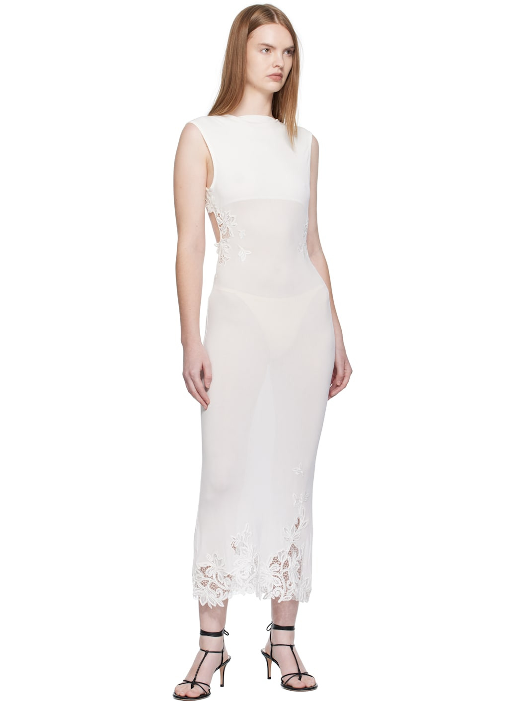 White Hibiscus Embroidered Rib Midi Dress - 4