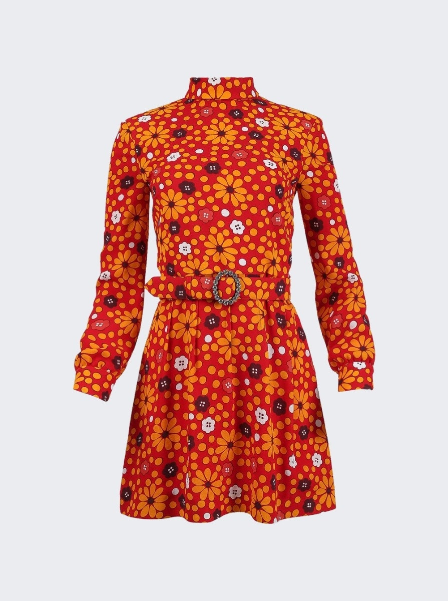 Belted High Neck Flower Print Dress Red And Jaune - 10