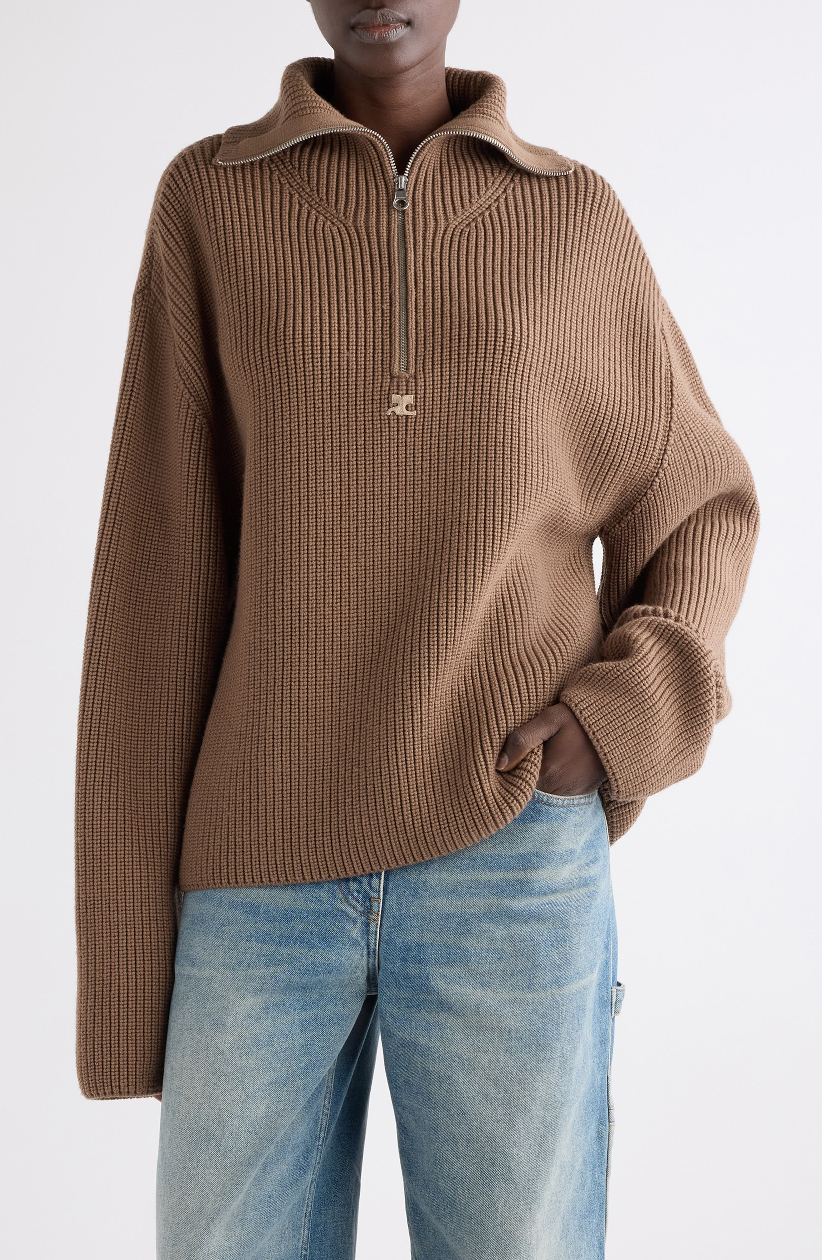 Courrèges Trucker Wool Rib Half Zip Sweater in Mocha at Nordstrom - 1