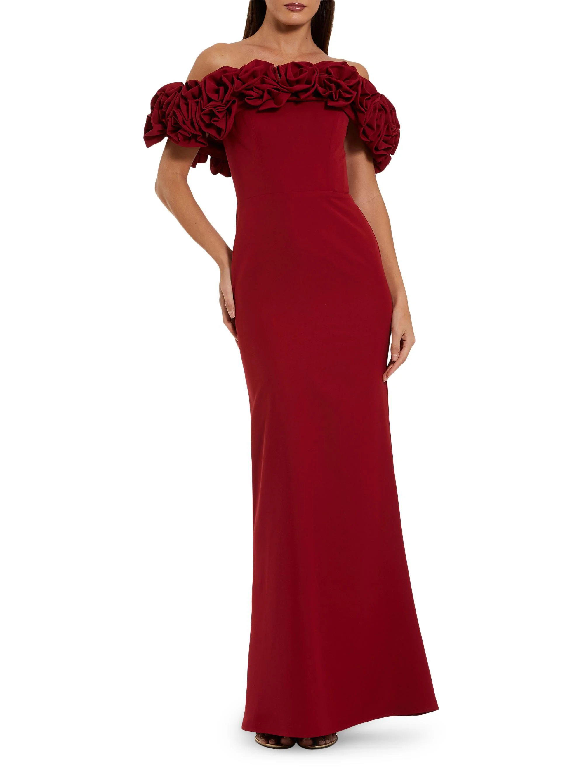 Women's Off-the-Shoulder Crepe Column Gown - Ruby - 1