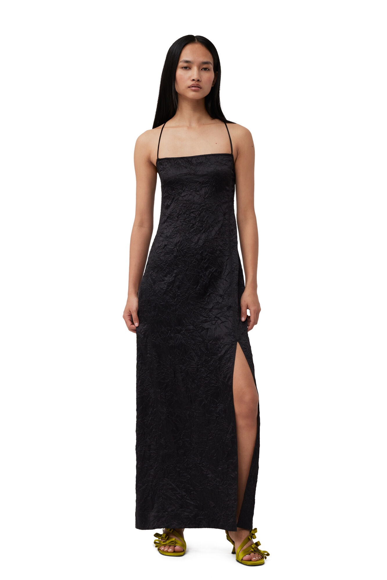 BLACK CRINKLED SATIN MIDI SLIP DRESS - 2