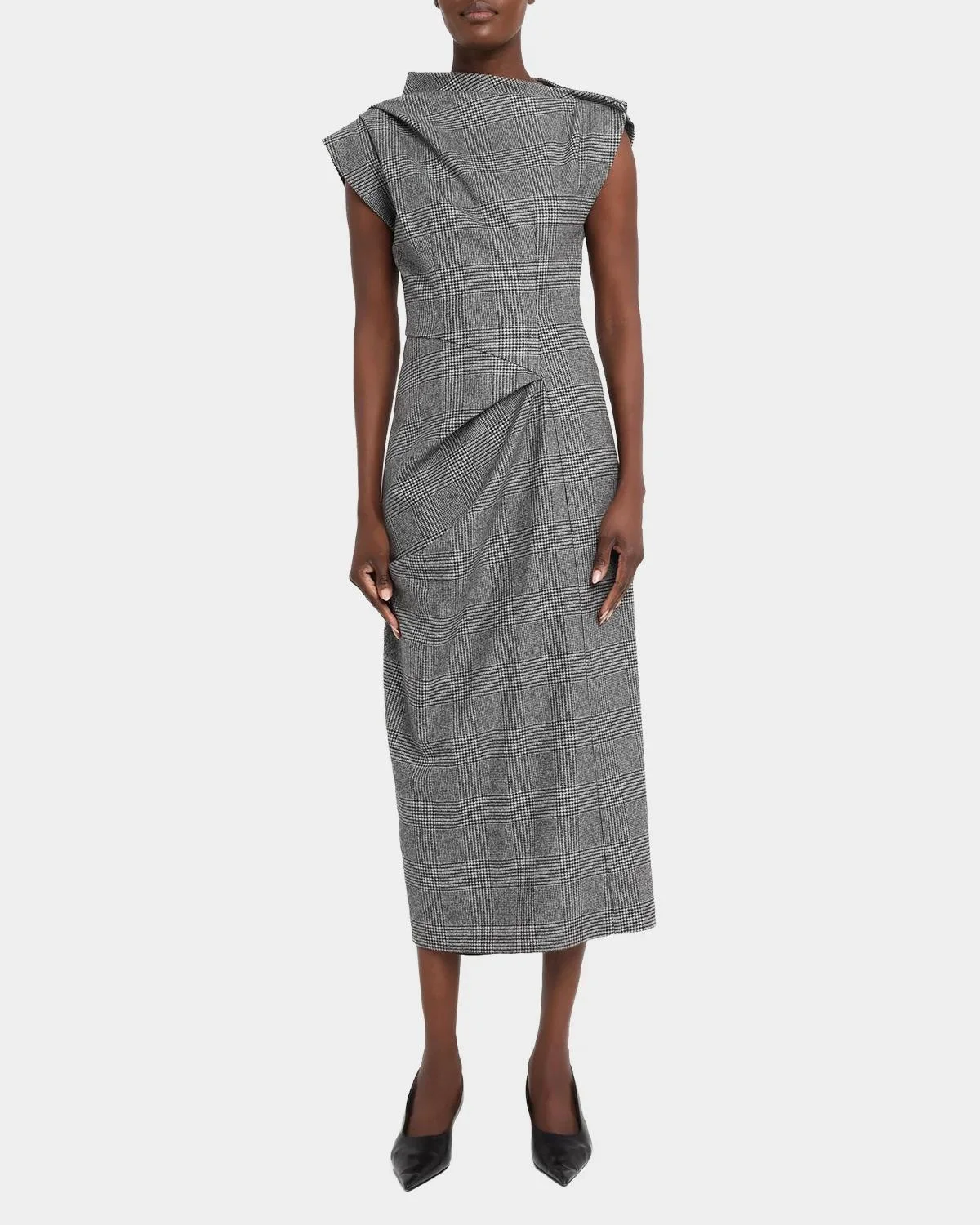 Plaid Wool Draped Midi Dress - 1