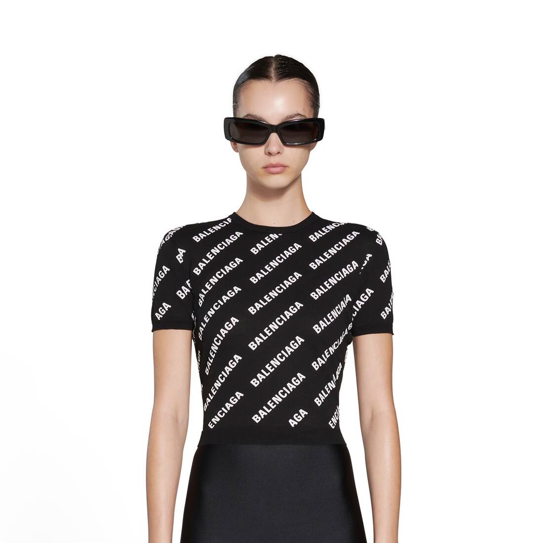 Women's Allover Logo Crop Short Sleeve Sweater in Black - 5