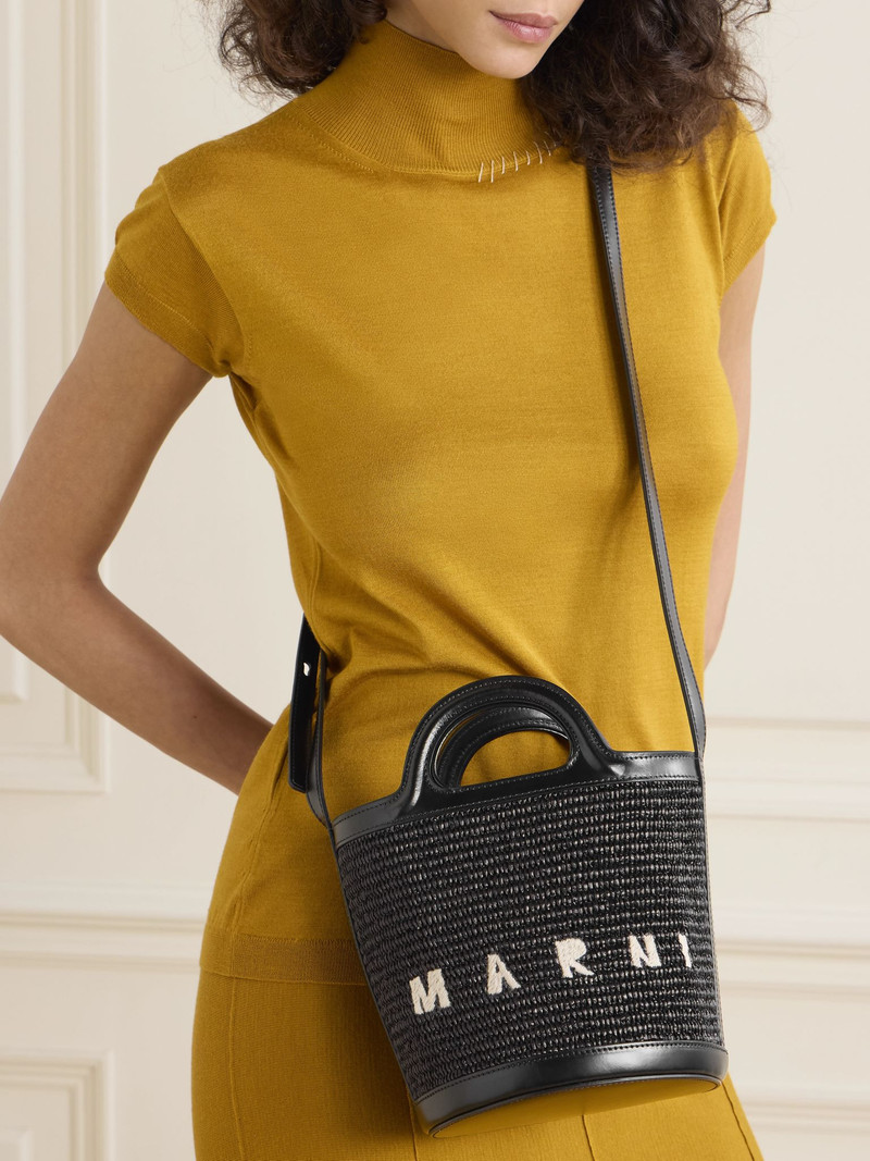 Marni Tropicalia small leather-trimmed embroidered raffia bucket bag Black outlook
