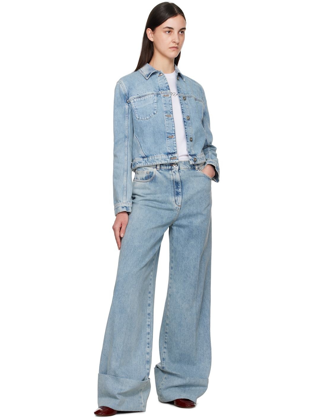 Blue Wide-Leg Cuffed Jeans - 4
