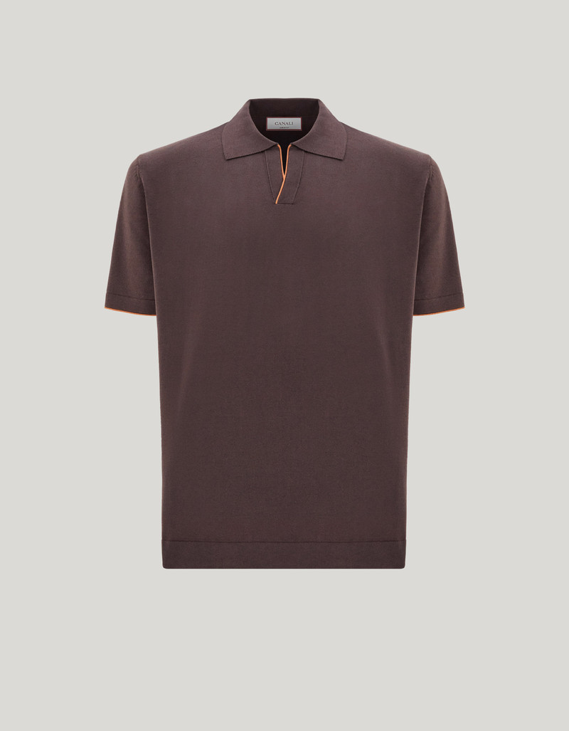BROWN COTTON AND SILK POLO SHIRT WITH CONTRASTING PIPING 1