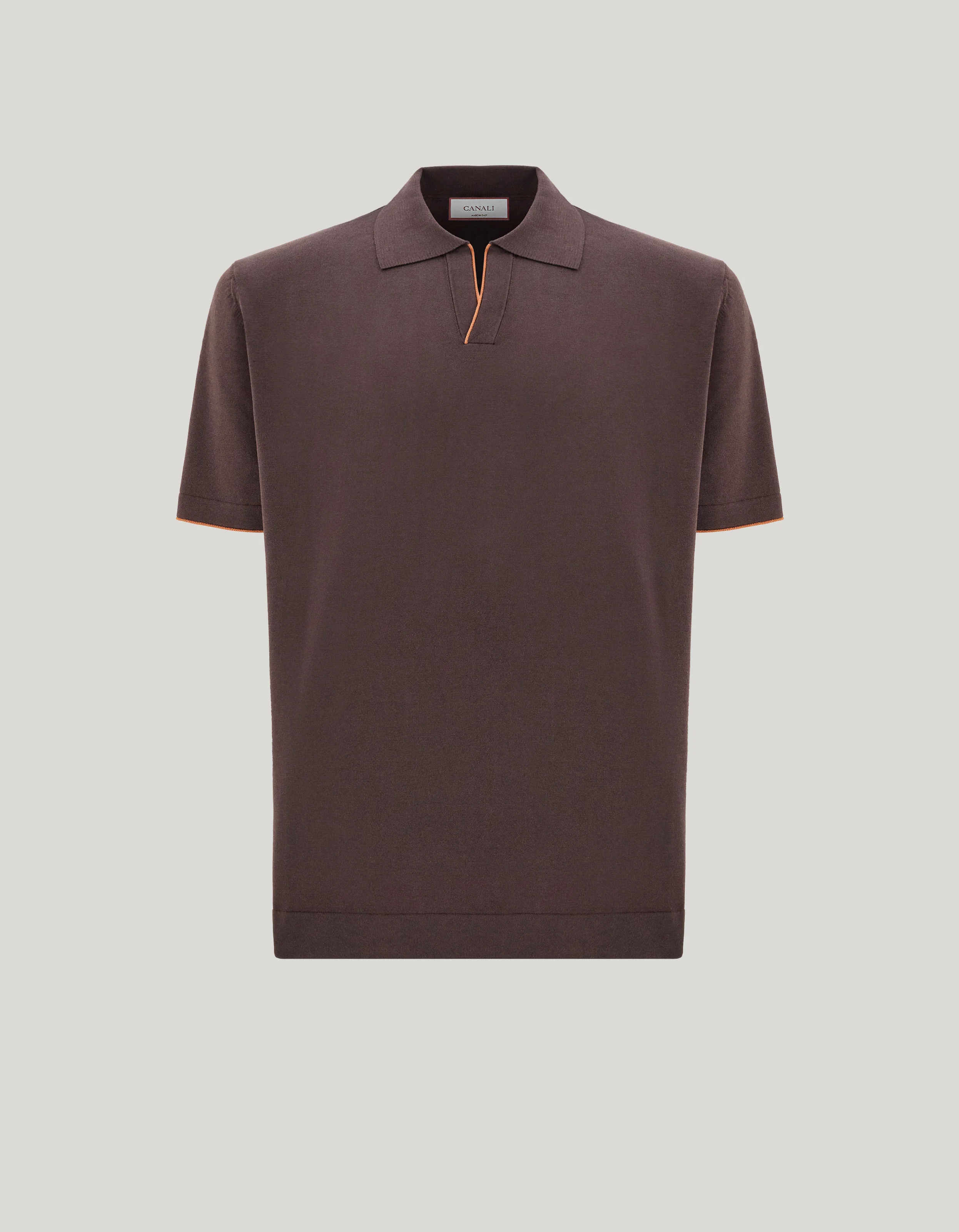 BROWN COTTON AND SILK POLO SHIRT WITH CONTRASTING PIPING - 1