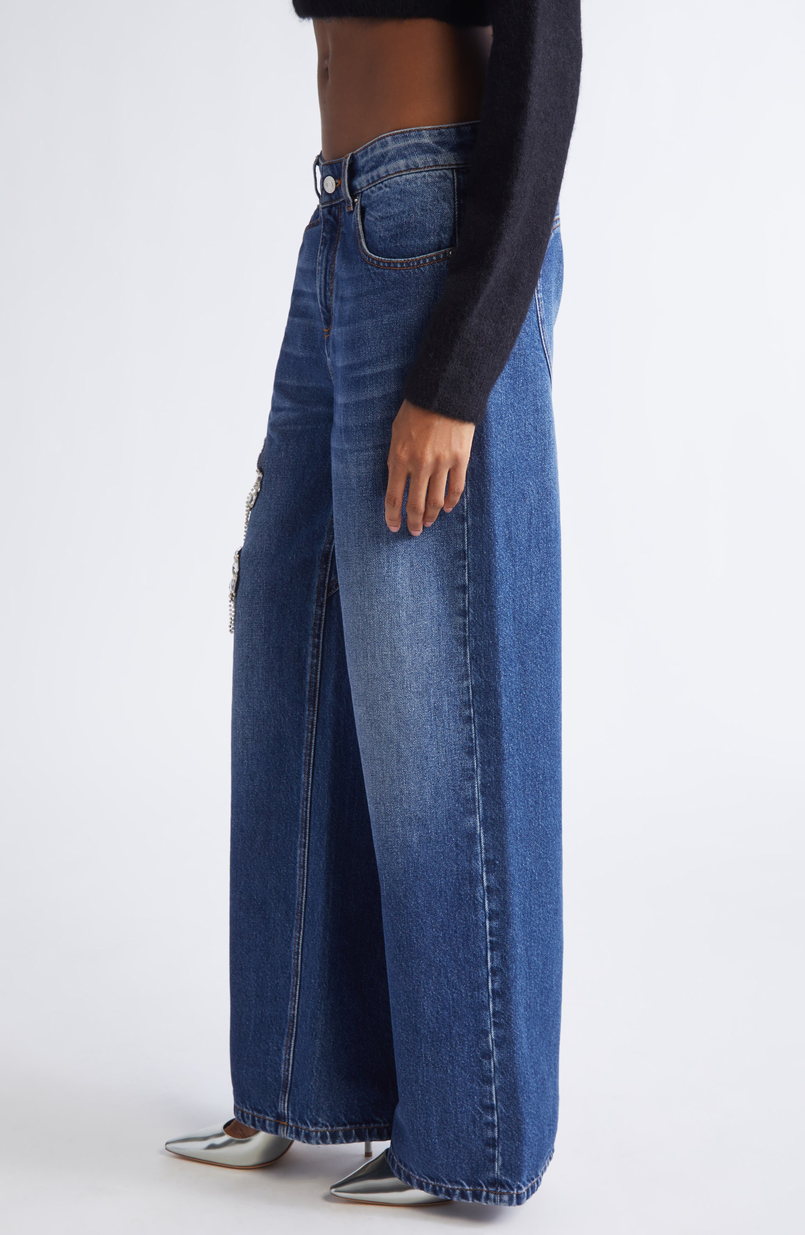 Area Crystal Chain Cutout Relaxed Jeans in Medium Blue at Nordstrom - 4