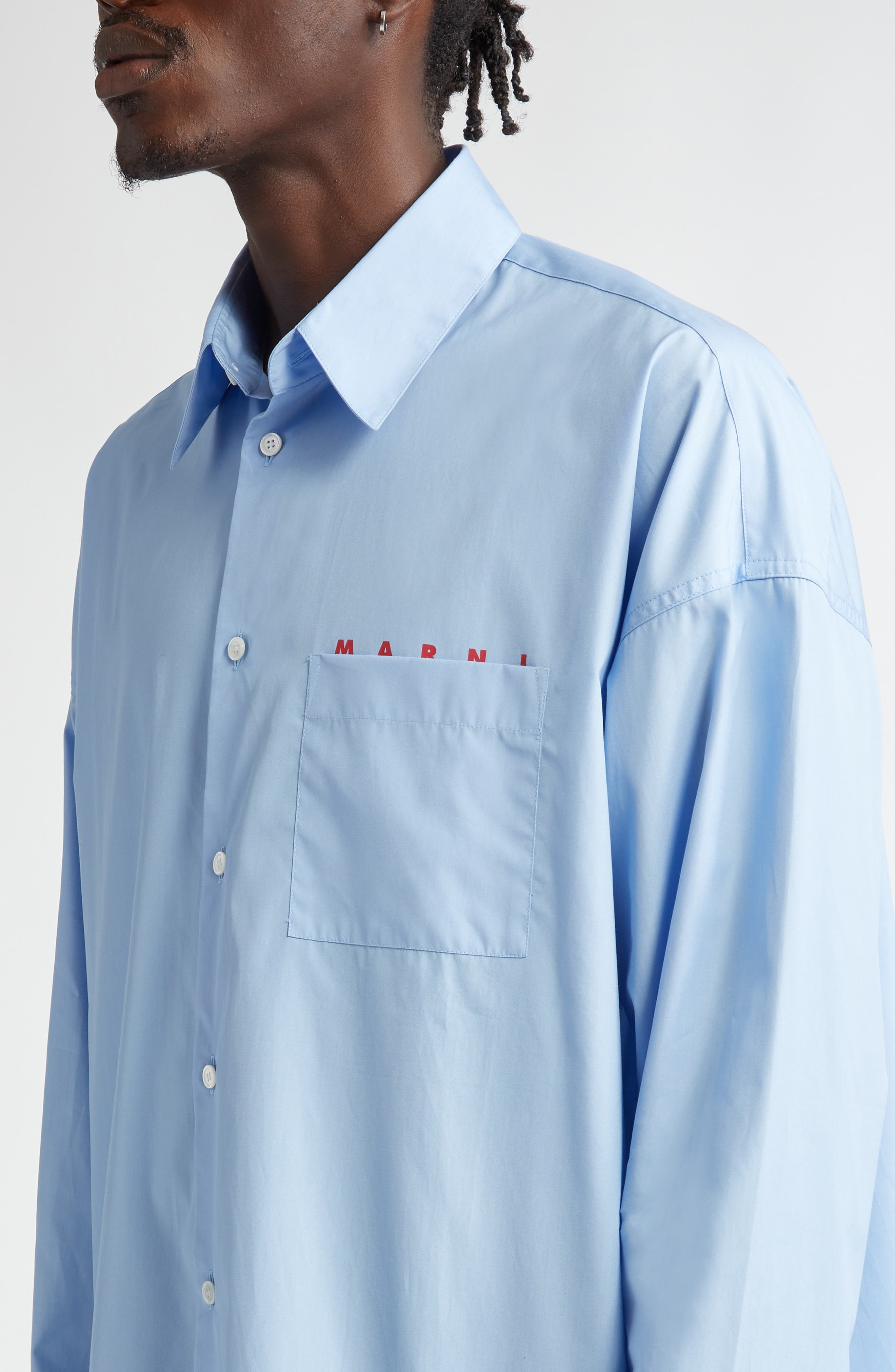 Marni Peeping Logo Organic Cotton Poplin Button-Up Shirt in Iris/Blue at Nordstrom - 4