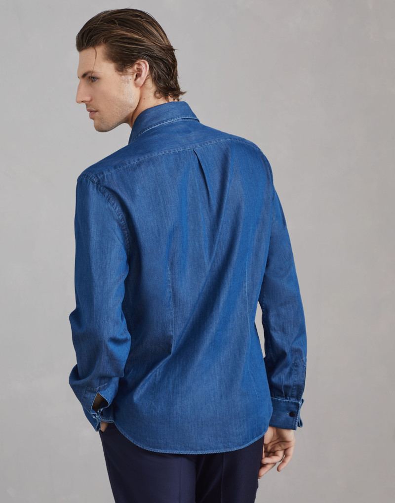 Brunello Cucinelli Lightweight denim slim fit tuxedo shirt with spread collar outlook