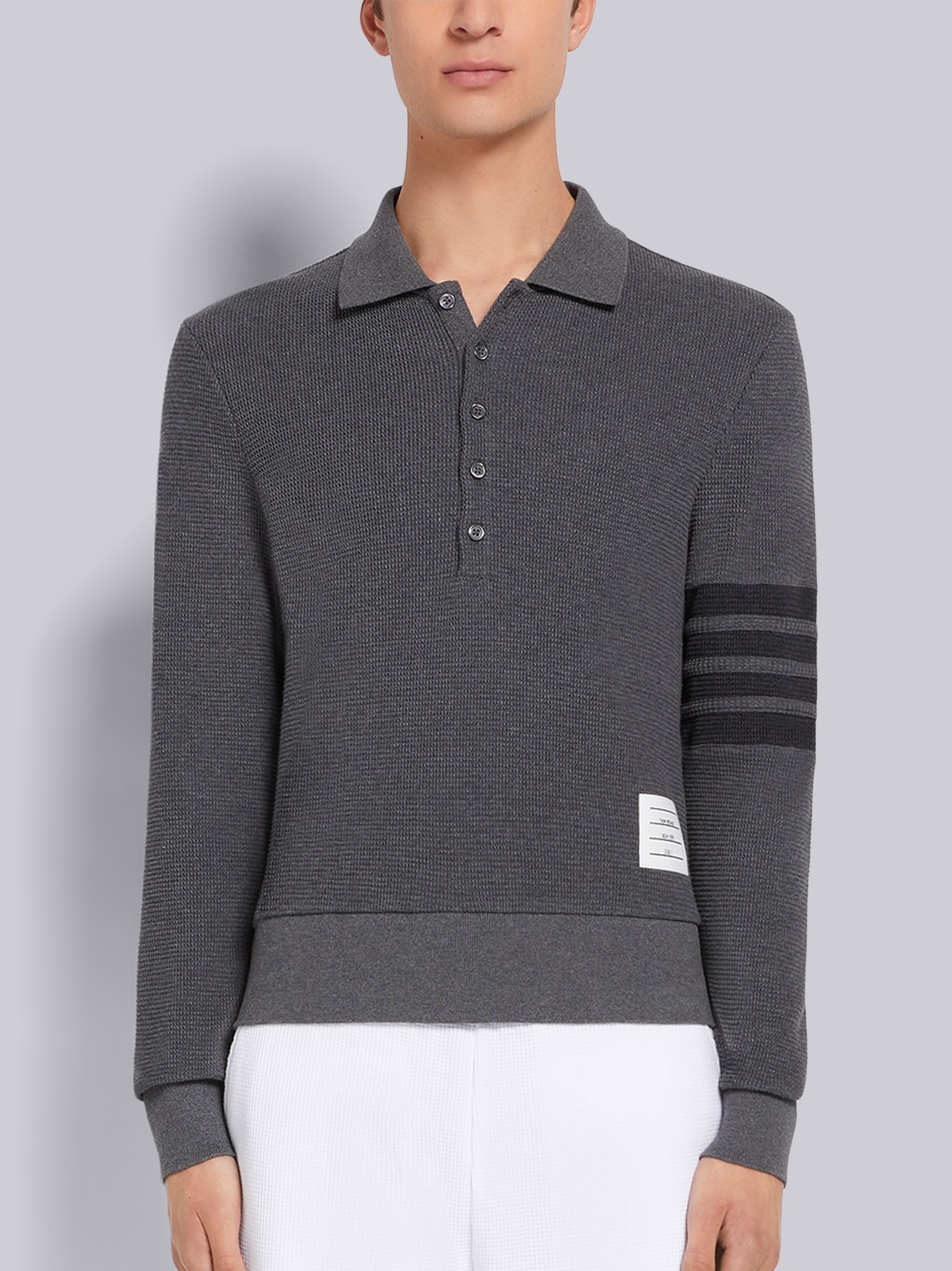 Dark Grey Compact Waffle Rib Cuff 4-Bar Long Sleeve Polo - 1