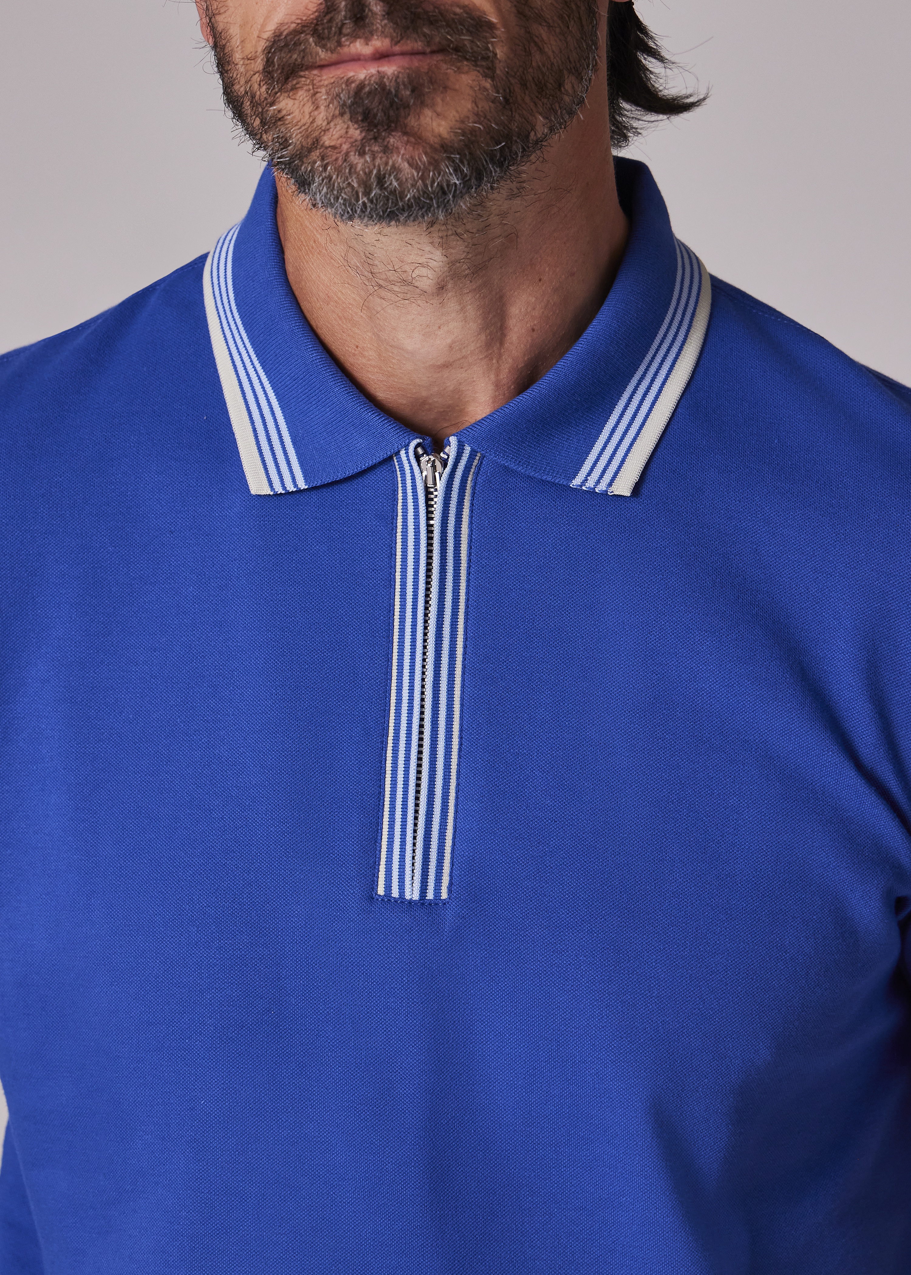Cornflower Blue Contrast Tipping Zip-Neck Polo Shirt - 5