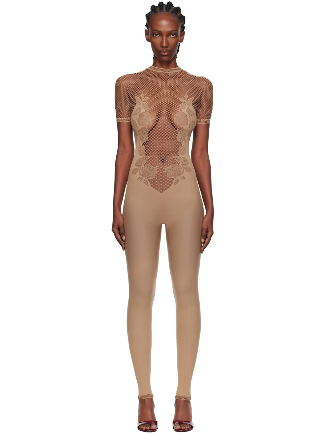 Beige Leaves Fishnet Jumpsuit - 1