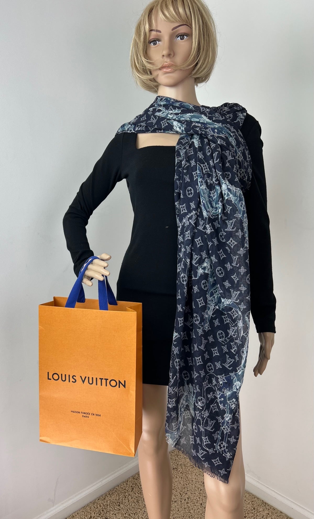 LOUIS VUITTON Cashmere Silk Chapman Brothers Stole Blue Wrap Scarf - 10