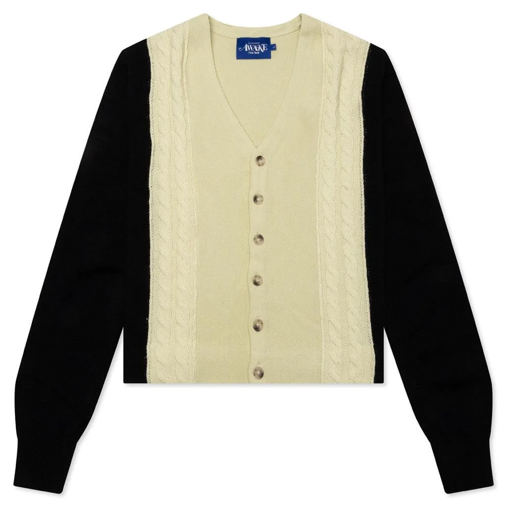 CONTRAST PANEL WOOL CARDIGAN - IVORY/BLACK - 1